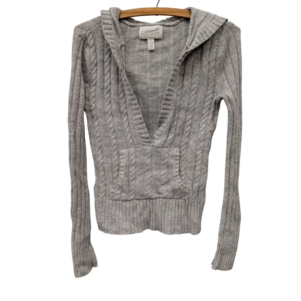 Vintage Y2K Aeropostale Women's Gray Cable Knit Hooded V-Neck Sweater- M